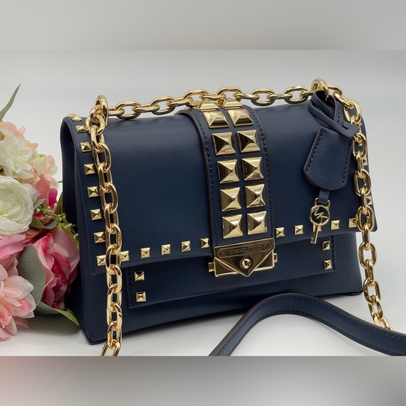 Michael Kors Navy Faux Leather Studs Satchel Shoulder Bag - Picture 13 of 16